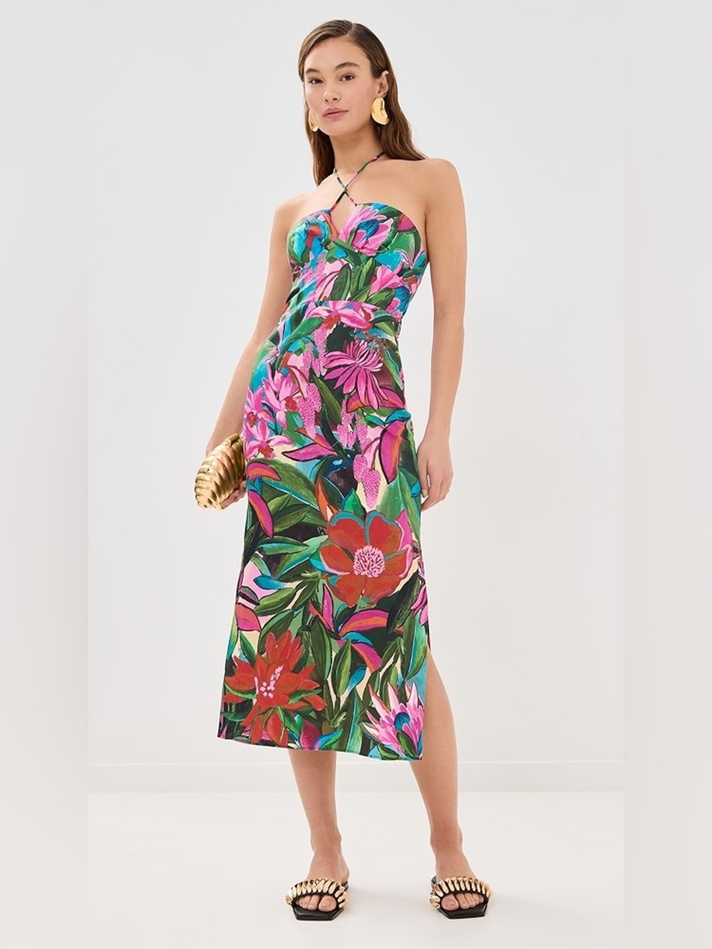 NWT - Farm Rio Jardin De Reve Organic Cotton Halter Midi Dress - size medium